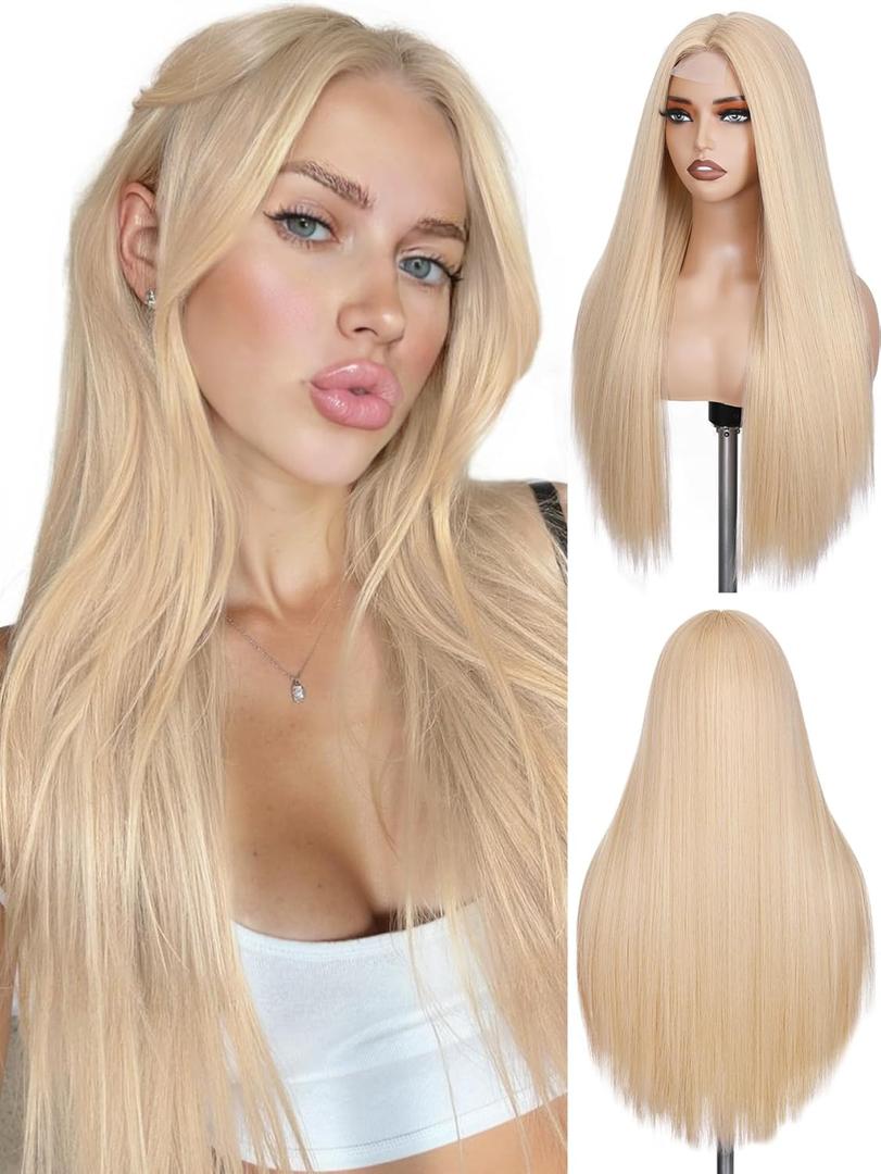 FAVE 26 Inch Blonde Wigs for Women, Long Blonde Wig with Simulated Lace Scalp,Heat Resistant Synthetic Middle Part Blonde Wigs,Daily Cosplay Friendly