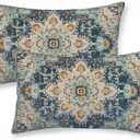 Boho Pillow Covers 12x20 Set of 2, Light Blue Beige Carpet Pattern Outdoor Decorative Throw Pillows Vintage Linen Ethnic Rustic Farmhouse Cushion Cases for Couch Sofa Decor