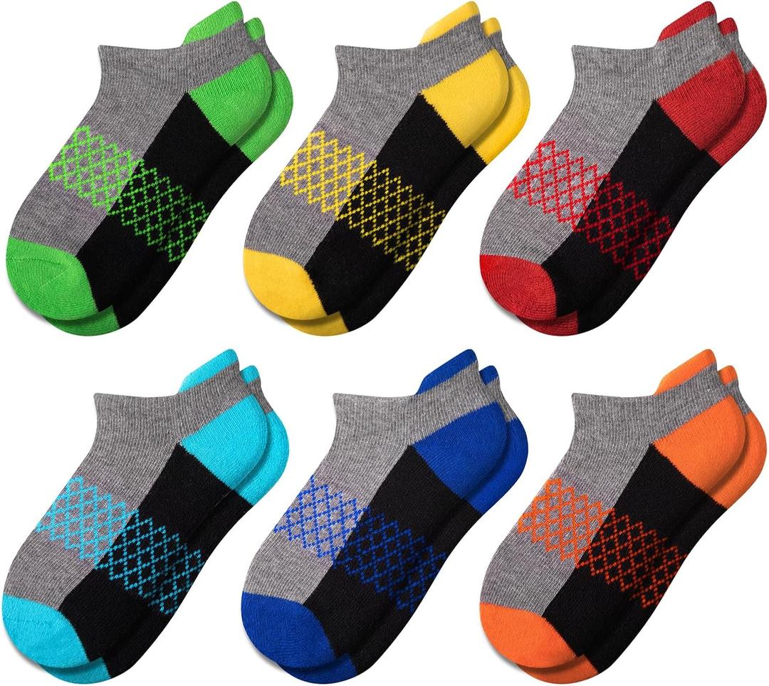 Comfoex Boys Socks 6 Pairs Ankle Athletic Sock Half Cushioned Low Cut Socks For Little Big Kids (7-10 Years)