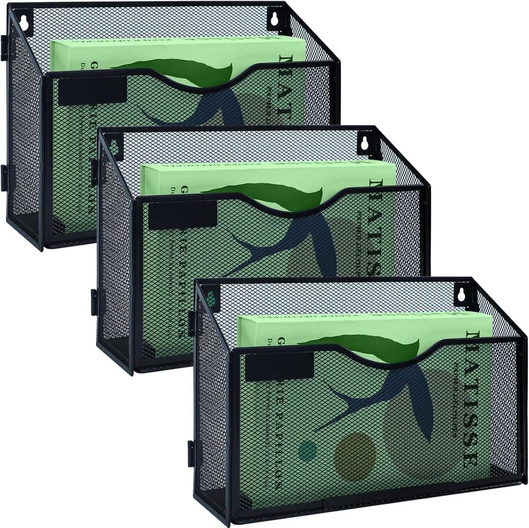 3 Packs 1 Tier A4 Mesh in Tray Hanging Wall File Holder Magazine Document Holder Mail Organiser Magazine Storage Rack,Durable Metal Mesh Filing Storage, Black