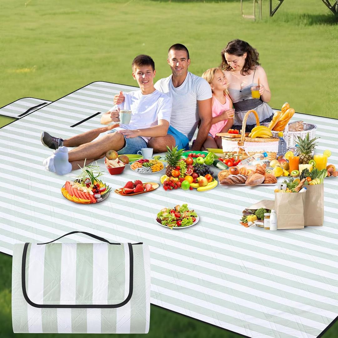 80" x 100" Extra Large Picnic Blankets Beach Mat Sandproof Waterproof Foldable Oxford Blanket Beach Mat Picnic Stuff for Family Camping Hiking Party Park Grass(Green and White,Stripe)