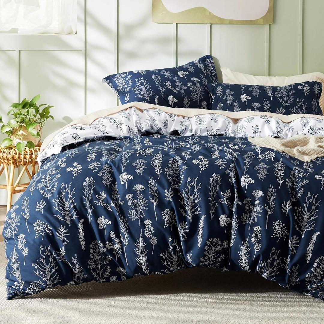 Bedsure Duvet Cover Queen Size - Reversible Navy Blue Queen Duvet Cover Set with Zipper Closure, 3 Pieces Floral Patterned Bedding Set with 8 Corner Ties and 2 Pillow Shams (Queen (90" x 90"), 02 - Nave Blue (No Comforter))