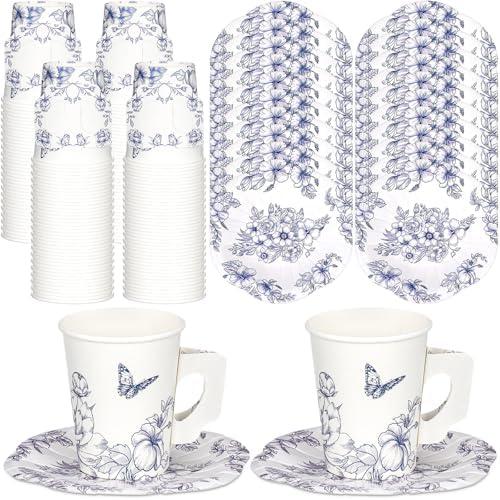 Tioncy 100 Pcs Tea Party Decorations Include 50 Pieces 9 oz Paper Tea Cups with Handle and 50 Plates Disposable Teacups and Saucers Sets for Birthday(Blue and White Floral)