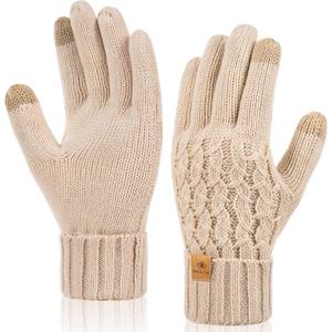 PAGE ONE Winter Gloves for Women Touchscreen Texting Warm Knit Fleece Lined Gloves for Cold weather (Beige)