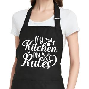 Funny Cooking Aprons for Women with Pockets, Kitchen Chef Aprons for Bakers, Birthday Gifts for Mom Wife Friends (My Kitchen My Rule)