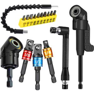17pcs Flexible Drill Bit Extension, Include 3pcs Impact Socket Adapter 2pcs Hex Shank 105 Right Angle Drill Attachment 10 Short Screwdriver Bits Bendable Drill Bit Extension and 90 Angled Bits (17p*black)