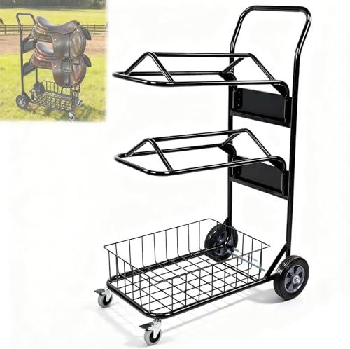 Rolling Saddle Rack Cart with Basket, 220 Lbs, 32.3*16.9*49.8 inch 3 Tier Heavy Duty with Removable Saddle Stands & Storage Basket, Horse Tack Organizer for Storage, Moving, Transport Supplies