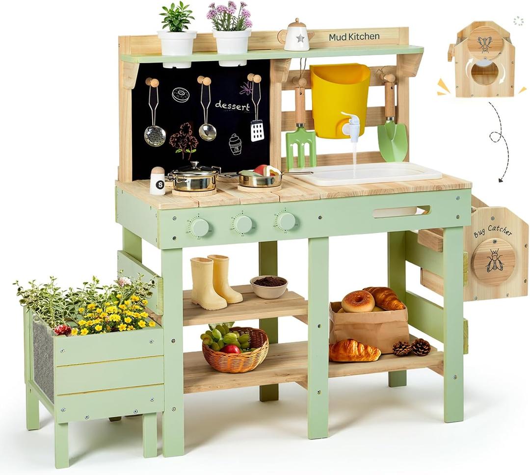 Frogprin Mud Kitchen for Kids, Outdoor Play Kitchen with Insect Observation Box & Planter Box, Kitchen Accessories, Gardening Tool Toy, Removable Sink Faucet, Wooden Pretend Kitchen for Boys Girls 3+, 42.52 x 32.68 x 12.99 inches
