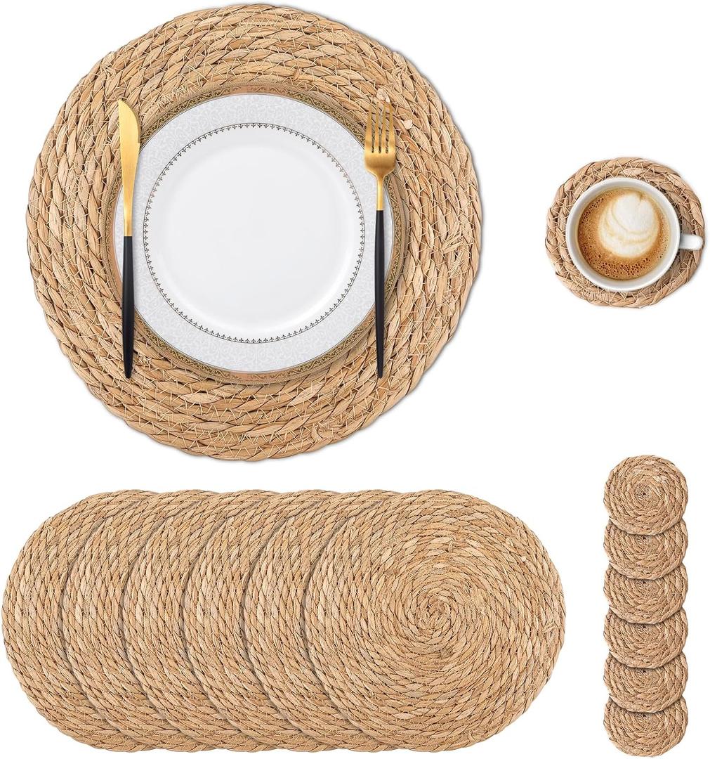Round Woven Placemats Set of 6 12 Inch with 6 Coasters 4 Inch Boho Natural Handmade Table Mats Table Decor Farmhouse Rustic Weave Wicker Placemats for Dining Table Home