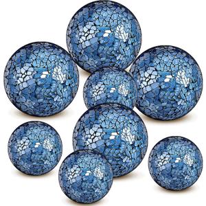 Qinyoung Blue 8 Pcs Decorative Ball for Bowls, 3'' 4'' Glass Mosaic Sphere Decorative Orbs for Centerpiece Bowls Vase Fillers, Wedding, Party, Coffee Table & Home Decor