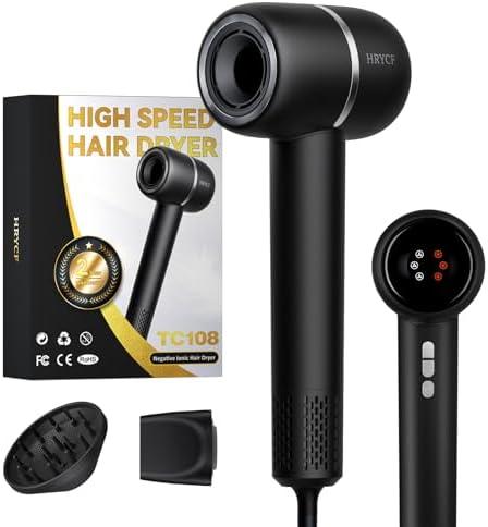 HRYCF Hairdryer-Less Heat Damage High Speed Blow Dryer,Negative Ionic Care Hair,Fast Drying Blow Dryer with Brushless Motor,Thermo-Control Low Noise with Magnetic Nozzle & Diffuser, Black