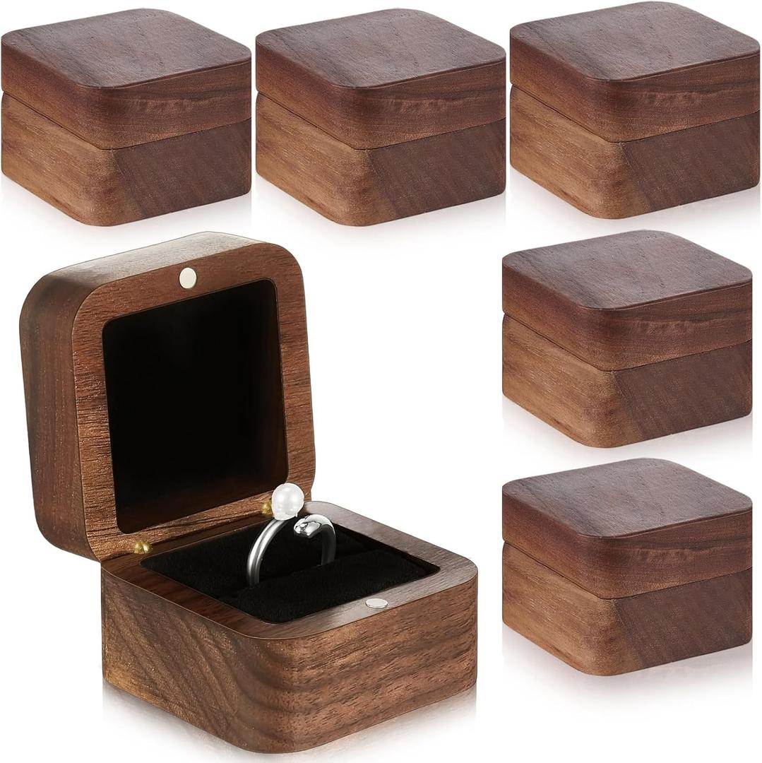 6 Pcs Square Wooden Ring Boxes for Wedding Ceremony Mini Engagement Gift Holder Single Slot Small Storage Box (Black)
