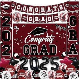 NUTTYBASH Graduation Decorations Class of 2025, Maroon Graduation Party Decorations Set Includes Congrats Grad Backdrop Banner, 2025 Foil Balloons and Latex Balloons, Graduation Party Supplies