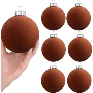 6 Pcs Christmas Velvet Balls 4 Inch Large Matte Neutral Brown Flocked Christmas Hanging Ornaments Decor Shatterproof Luxury Handmade Velvet Balls Xmas Tree Ornaments Bulb for Wedding Anniversary Party