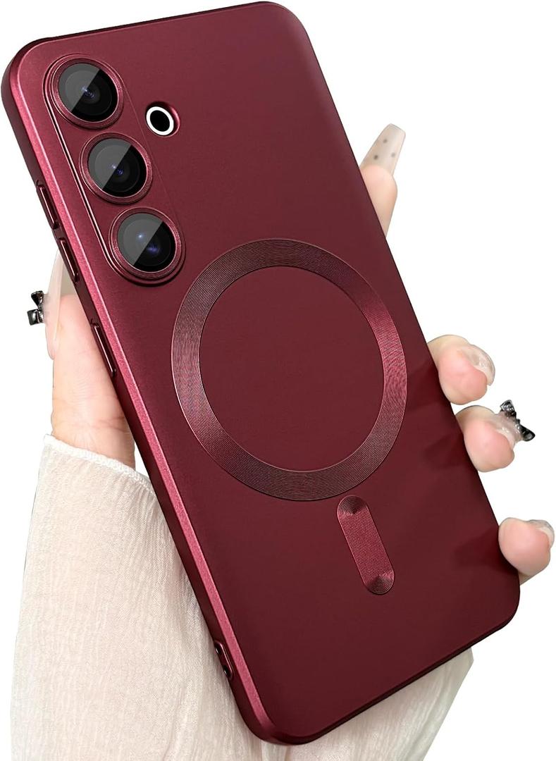 Magnetic for Samsung Galaxy S25 Phone Case for Women/Men, Matte Luxury Soft Metallic Luster Design with Camera Lens Protector, Shockproof Anti-Scratch Phone Case 6.2"  Red