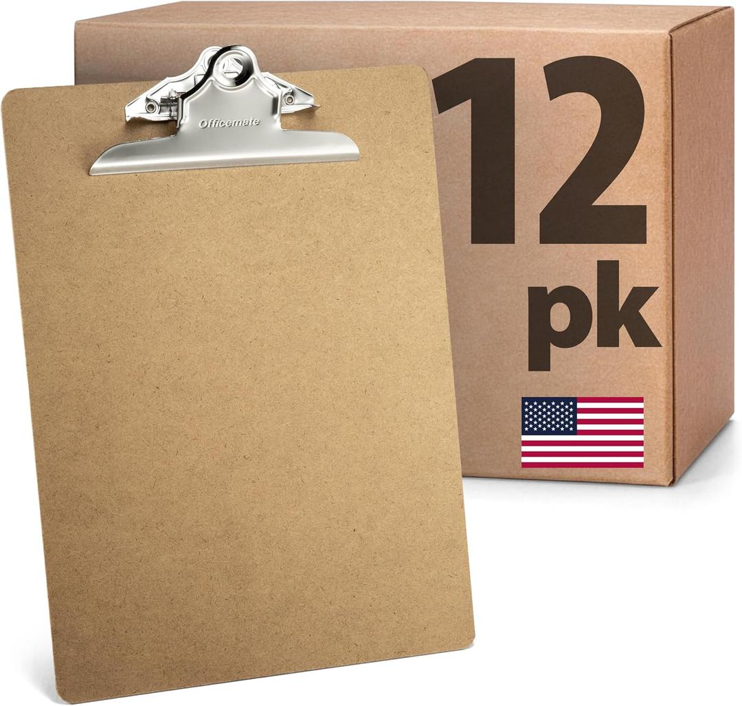 Officemate Recycled Wood Clipboards, Letter Size, 12-Pack with 6 Rust-Resistant Clips, Durable Hardboard Writing Surface, Made in USA, 9" x 12.5" (83712)