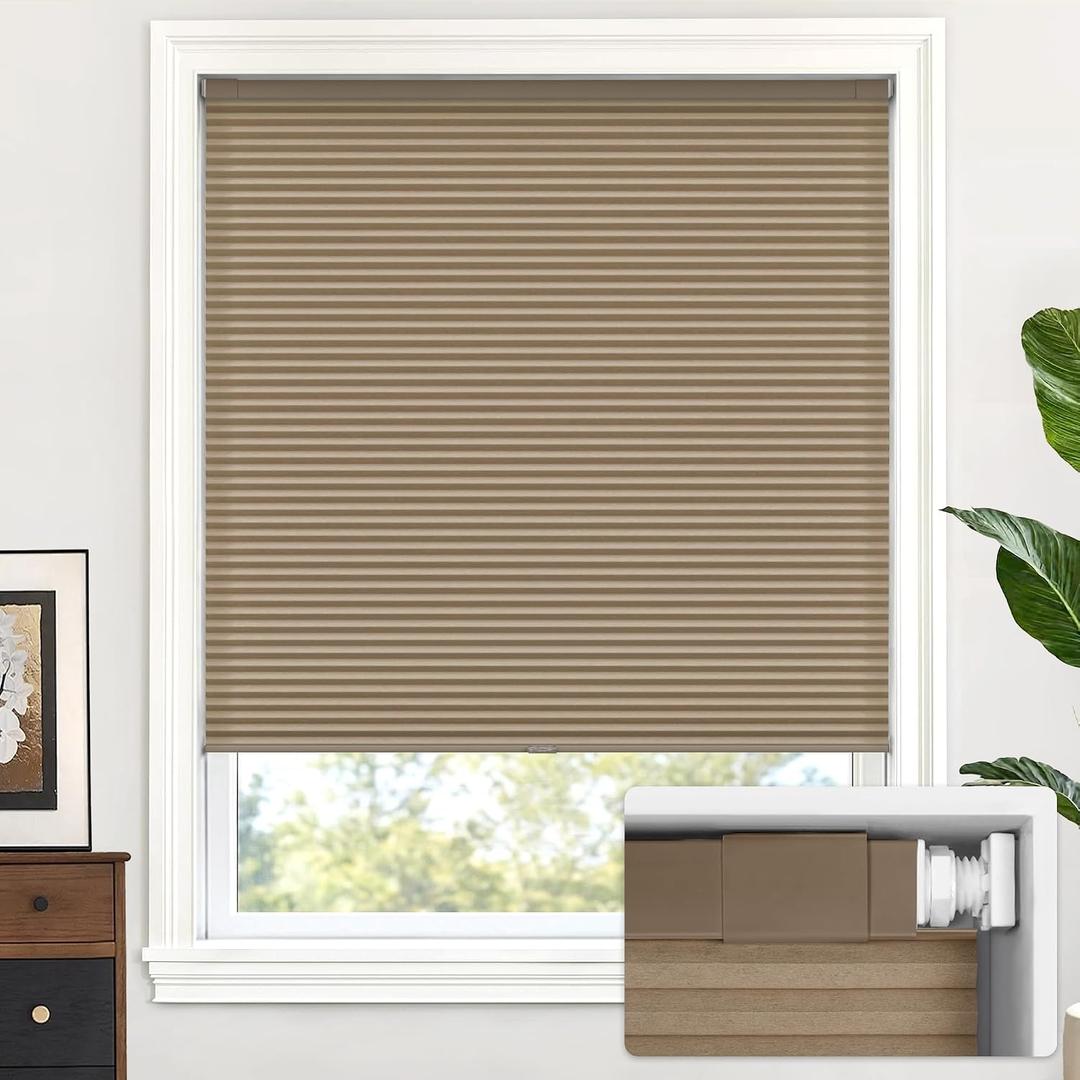 LazBlinds Cordless Cellular Shades, No Tools No Drill Light Filtering Honeycomb Shades Pleated Blinds for Windows, 34'' W x 48'' H, Taupe