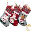 3 Pack Plaid Christmas Stockings with Golden Hooks, 15.7'' Knit Xmas Socks Set for Fireplace Mantel Decor, Traditional Holiday Hanging Stockings for Gifts & Decorations Santa Deer Snowman (Style 6)