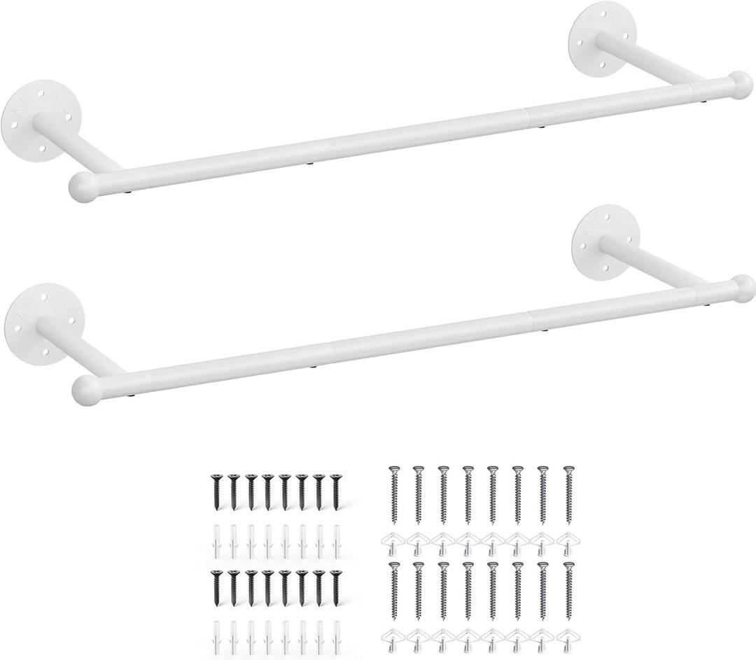Industrial Pipe Clothing Rack Set of 2, Wall Mounted Clothes Rack, Closet Rods For Hanging Clothes, 33" Multi-purpose Hanging Rod for Laundry Room, Bedroom and Closet Storage, White