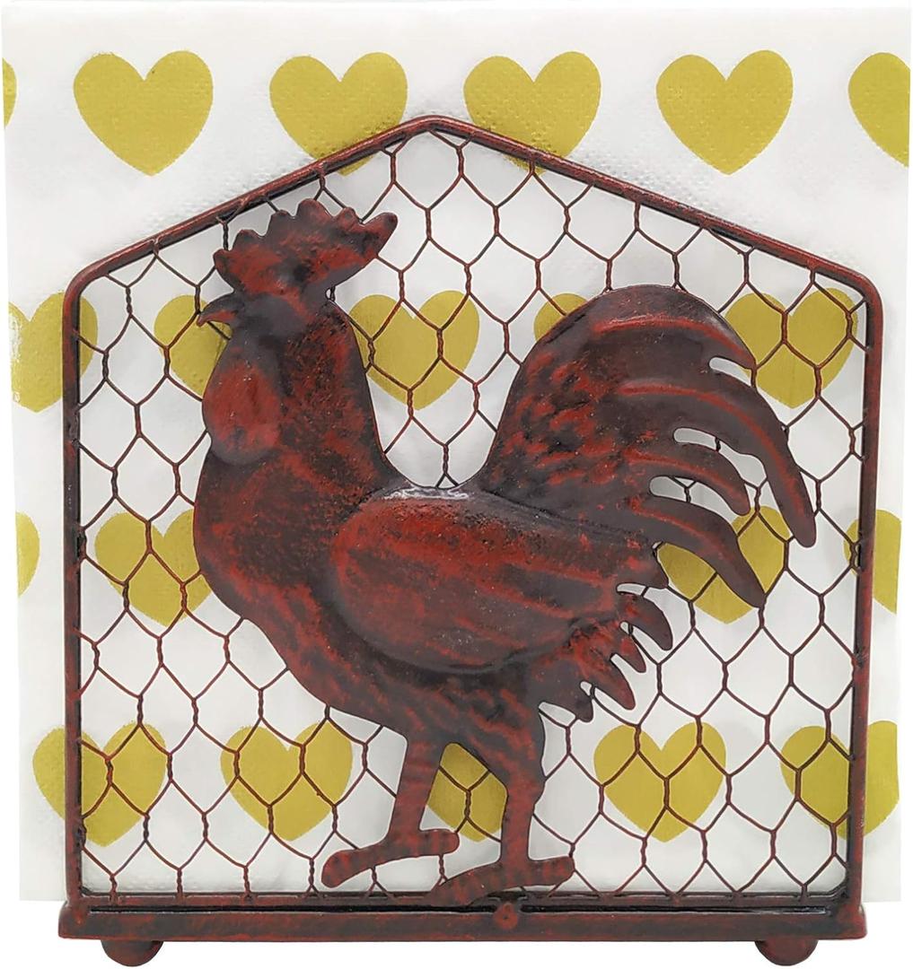 Metal Rooster Design Tabletop Napkin Holder/Freestanding Tissue Dispenser,Rustic Red (One Size)