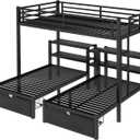 Heavy Duty Triple Bunk Bed with Storage Drawers, Shelves, Triple Bed with Charging Station, Full XL Over Twin Over Twin Triple Bunk for Kids, Teens, Black Triple Bunk Bed