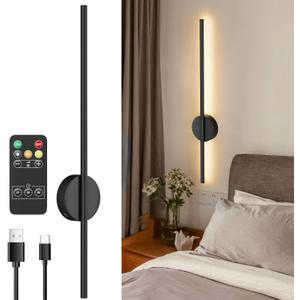 Battery Operated Black Wall Sconce , USB Rechargeable Wall Lights with Remote Control, 1 Pack Dimmable LED Wall Lamp Indoor, 360 Rotation Wireless Lights for Living Room Bedroom Hallway, 31.5 inch