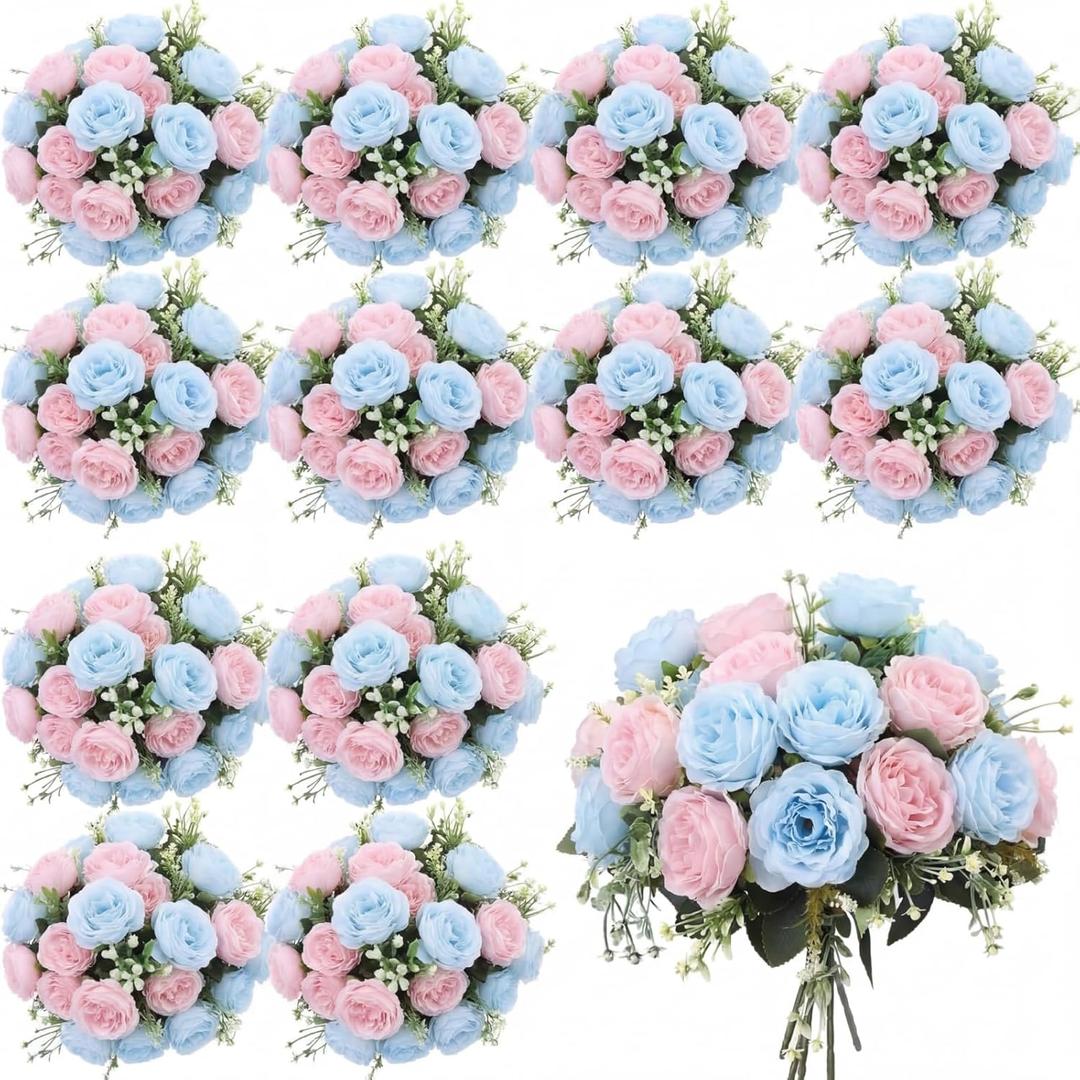 ) Geosar 24 Bundles Artificial Peonies Flowers Fake Silk Peony Bouquet Faux Peonies Flower Bulk for Decoration Vase Floral Arrangements Wedding Party Table (Light Pink,Light Blue)