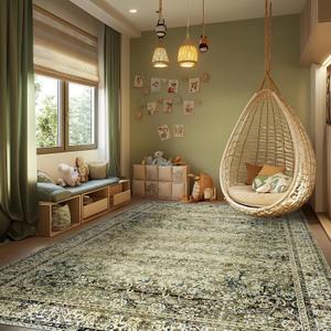 Washable 6x9 Area Rugs for Bedroom Aesthetic,Cozy Soft Faux Wool Neutral Dark Olive Green Decor Vintage Boho Rug for Living Room Bed Room Dining Room