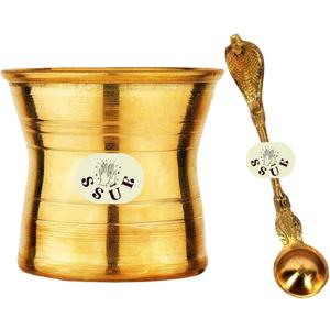 Brass Panch Jal Patra Achmani Pooja Kalash Lota with Spoon Holy Water Rituals Religious Spiritual Worship Prayer Home, Navratri Puja, Office, Temple Festivals Gift (2.5 Inches) Approx