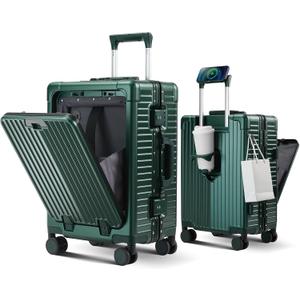 Carry on Luggage Aluminium Frame with Cup Holder,Top opening Suitcases and USB Charging Port,Lightweight with Front Pocket Rolling Suitcases with Spinner Wheels (Dark Green, 20Inch)