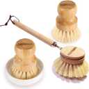 Wooden Dish Brush Set Clean Pots, Pans and Vegetable, Natural Bristles Bamboo Scrub Brushes with Ceramic Dish - 1 Long Handle Dish Brush + 2 Palm Scrubbing Brush