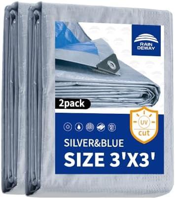 RAINDEWAY Small Tarps Waterproof 3x3 Feet（Pack of 2） 5.5 Mil Thick, Multipurpose Waterproof Poly Tarp Cover，Camping Tarpaulin Silver/Blue Tarp Finished Size