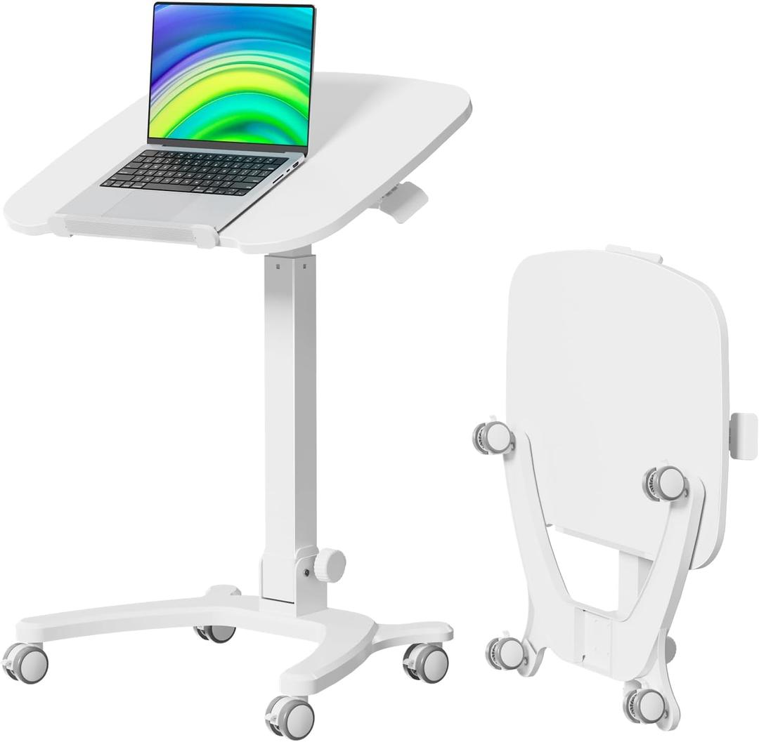 Foldable Mobile Standing Desk, 27"21" Portable Rolling Laptop Cart with 90 Tiltable Board, Height Adjustable Workstation with Wheels, Folding Table for Home Office, White, 26.8"