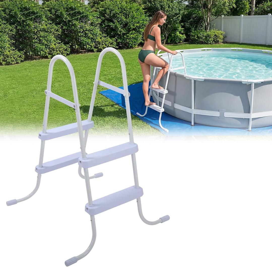 Threlaco Above Ground Pool Ladder Steel Frame Swimming Pool Entry Exit Ladder Non Slip Metal Frame Steps, Weight Capacity 300lbs(White,33 Inch)