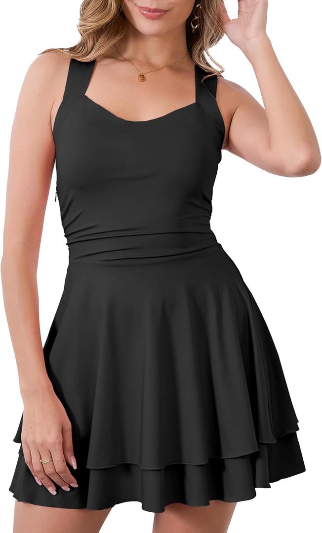 Women's Summer Square Neck Sleeveless Mini Dress Ruffle Ruched Party Club Sexy Cocktail Dresses Black (Black)
