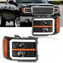 LED DRL Headlight Assembly Fit 2007-2013 GMC Sierra 1500/2007-2014 GMC Sierra 2500 3500(NOT Fit 2007 Classic Style) Projector Headlights Left Right Side Black Housing Amber Reflector