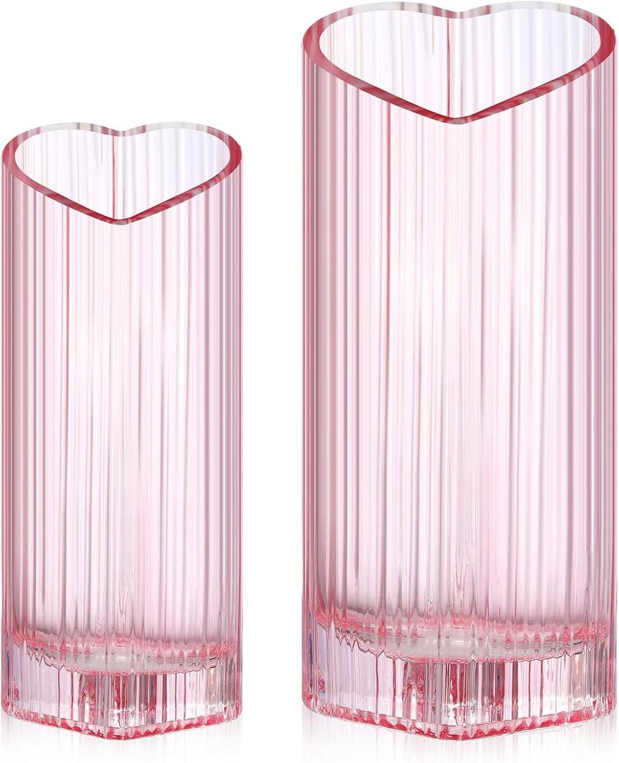 Maxcheck 2 Pcs Valentine Pink Flower Vase Heart Shaped Vase Pink Glass Vase for Wedding Home Decor Table Centerpieces Living Room Kitchen Office Restaurant Hotel Dining Table, 2 Size