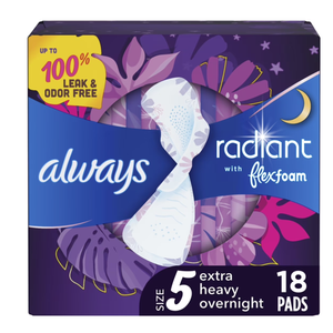 Always Radiant Feminine Pads for Women, Flexfoam Pads with Wings, Size 5, Extra Heavy Overnight Absorbency, Lightly Scented, 36 Count (2 Packs)
