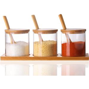 3 x Lawei Set of 3 Condiment Jar with Lids and Spoons - Glass Sugar Bowls Sugar Salt Container Set for Sugar Serving Spice Salt