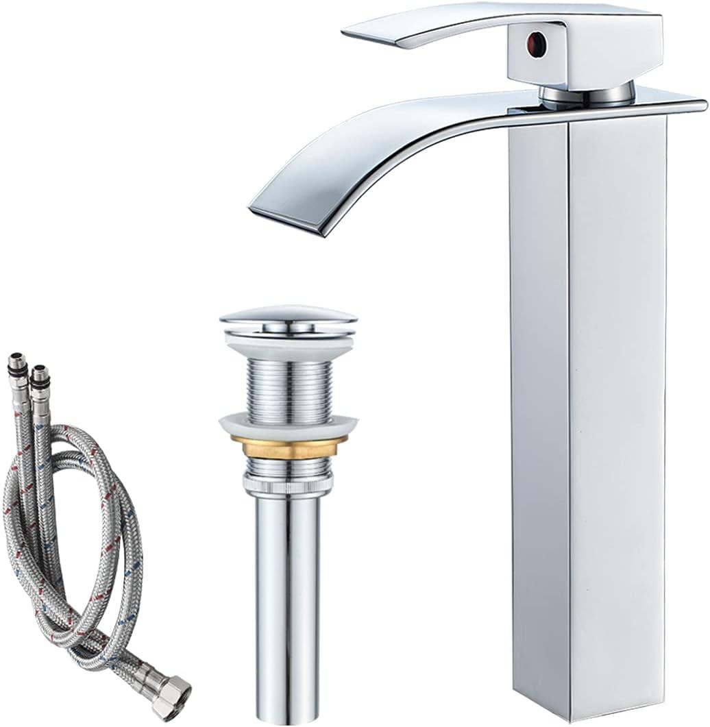 VOTON Vessel Sink Faucet Chrome Modern Tall Waterfall Bathroom Sink Faucet with Pop-Up Drain Single Handle Bathroom Faucet 1 Hole Bowl Lavatory Vanity Faucet, Sink Camper Farmhouse Bathroom Faucet
