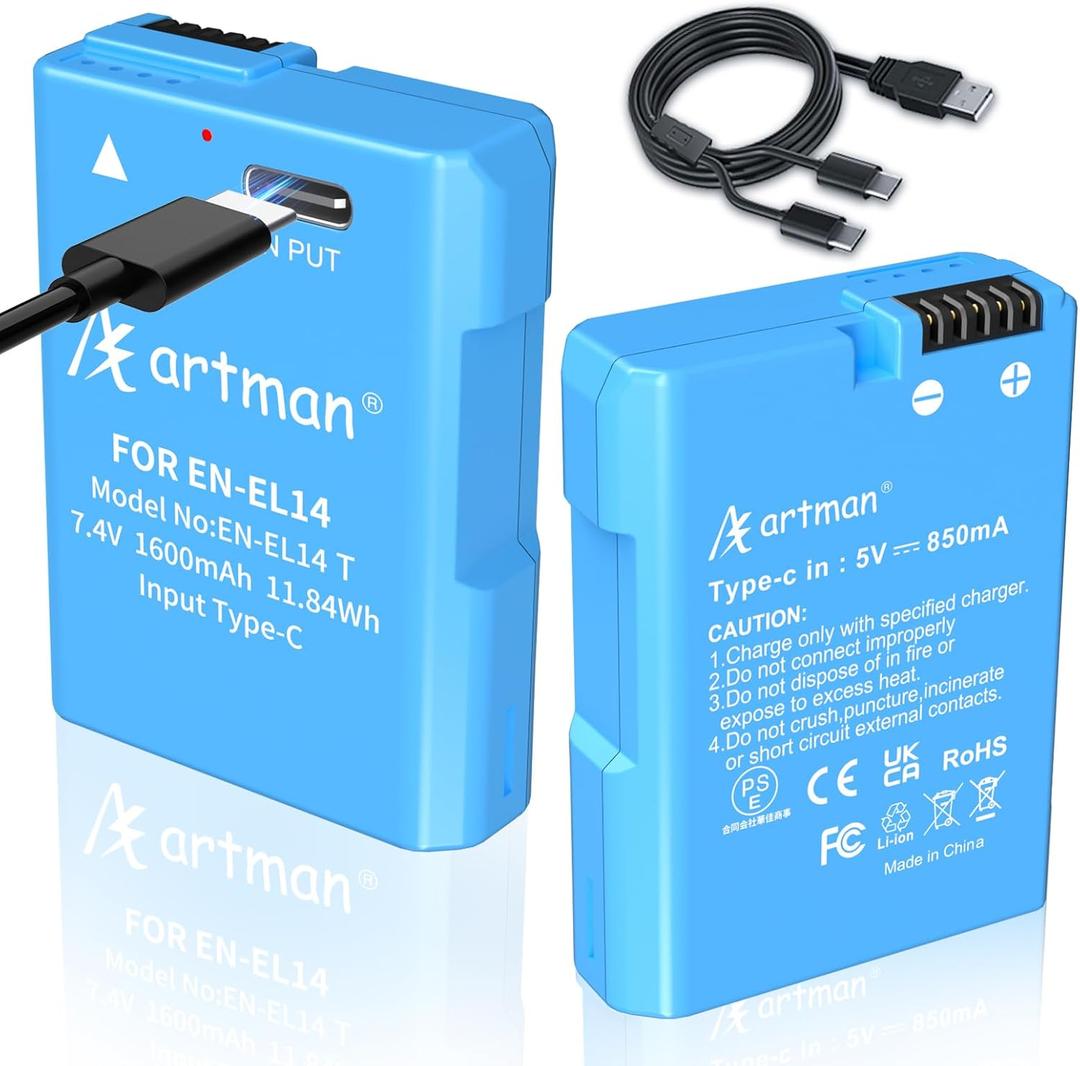Artman EN-EL14 EN-EL14a Battery 1600mAh 2-Pack with 2-in-1 Type-C Fast Charging Cable for Nikon D3100 D3200 D3300 D3400 D3500 D5100 D5200 D5300 D5500 D5600 DF Coolpix P7000 P7100 P7700 P7800 Cameras