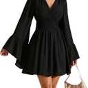 BEAUDRM Women's Plus Size Western Cowgirl Dress Bell Sleeve Hippie Mini Dress Mesh V Neck Outfits A Line Casual Dresses, Black, XX-Large Plus