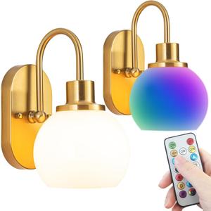 Battery Operated Wall Sconce Set Of Two, RGB Color Changing Dimmable Sconces With Remote For Bedroom Living Room, Easy To Install (Brass)