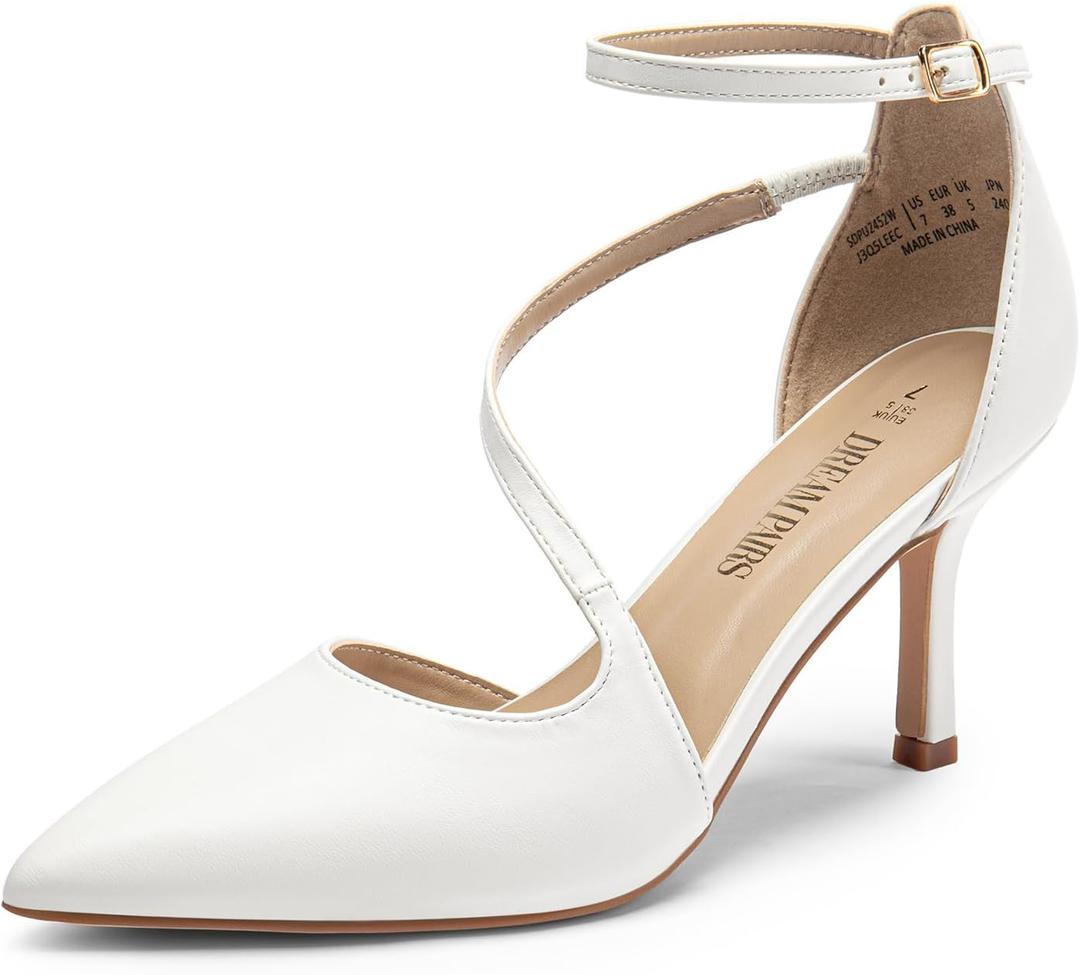 DREAM PAIRS Women's High Heels Strappy Pumps Closed Pointed Toe Stiletto Ankle Strap Party Dress Shoes (6, White)