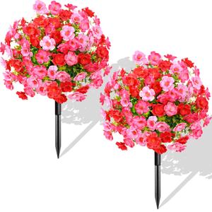 Waipfaru 2 Pack Artificial Flowers Topiary Ball Trees for Outdoors, 24" Fake Bushes Plants, UV Resistant Faux Shrubs with Ground Spike for Front Porch Planters Patio Garden Yard Decor(Red)