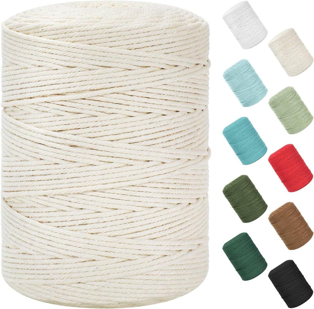 Macrame Cord 3mm x 380Yards (1140Feet), Natural Cotton Macrame Rope - 4 Strands Twisted Macrame Cotton Cord for Wall Hanging, Plant Hangers, Crafts, Gift Wrapping and Wedding Decorations, Beige