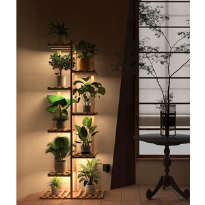 Solatmos Bamboo Plant Stand With Grow Lights Indoor Plants Outdoor Corner Plant Shelf Flower Stands for Living Room Patio Garden Corner Balcony (Wood, 8 Tier)