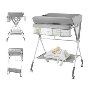 Portable Baby Changing Table, Foldable Diaper Changing Table with Wheels for Nursery, Toddler Changing Table with Adjustable Height, Portable Changing Table for Newborn, Infant Grey