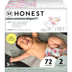The Honest Company Clean Conscious Diapers for Sensitive Skin | Hypoallergenic, Fragrance Free | Girl Prints | Club Box, Size 2 (12-18 lbs), 72 Count (Size 2 (72 Count), Young at Heart + Rose Blossom)