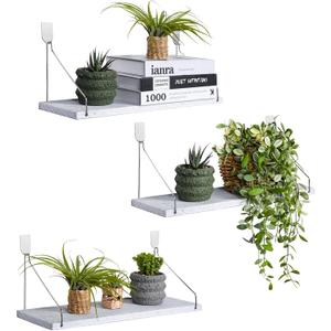 Floating Shelves Set of 3 Rustic Solid Wood Floating Shelf Wall Storage Shelves for Living Room, Bedroom, Bathroom, Kitchen Laundry, Office,no Drill Shelf(Grey and White Colour L+L+L)